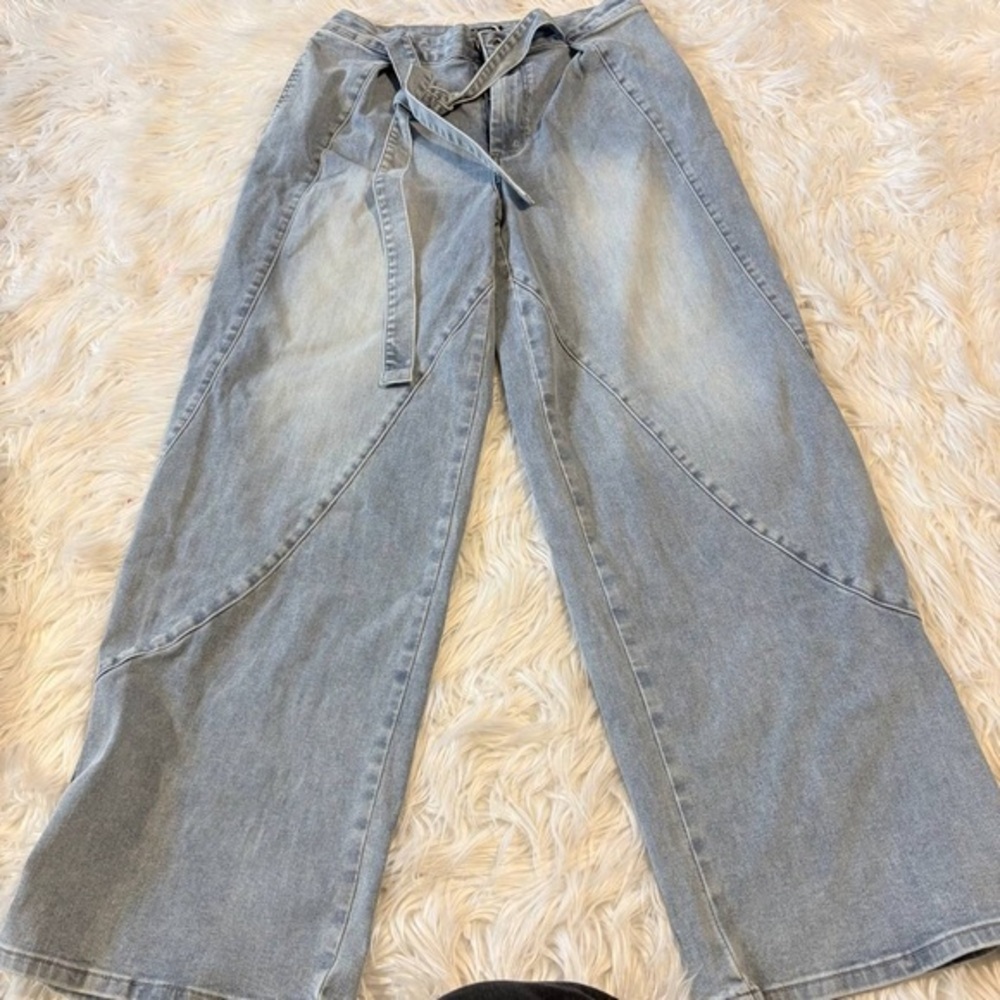 Flamingals stretchy wide leg denim light wash jeans size L CC13-10